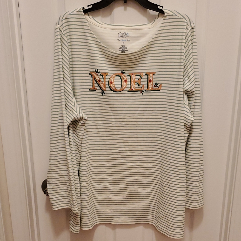 SALE Croft & Barrow 🌻 Striped Noel Long Sleeve Top 2X - Cream and Green
